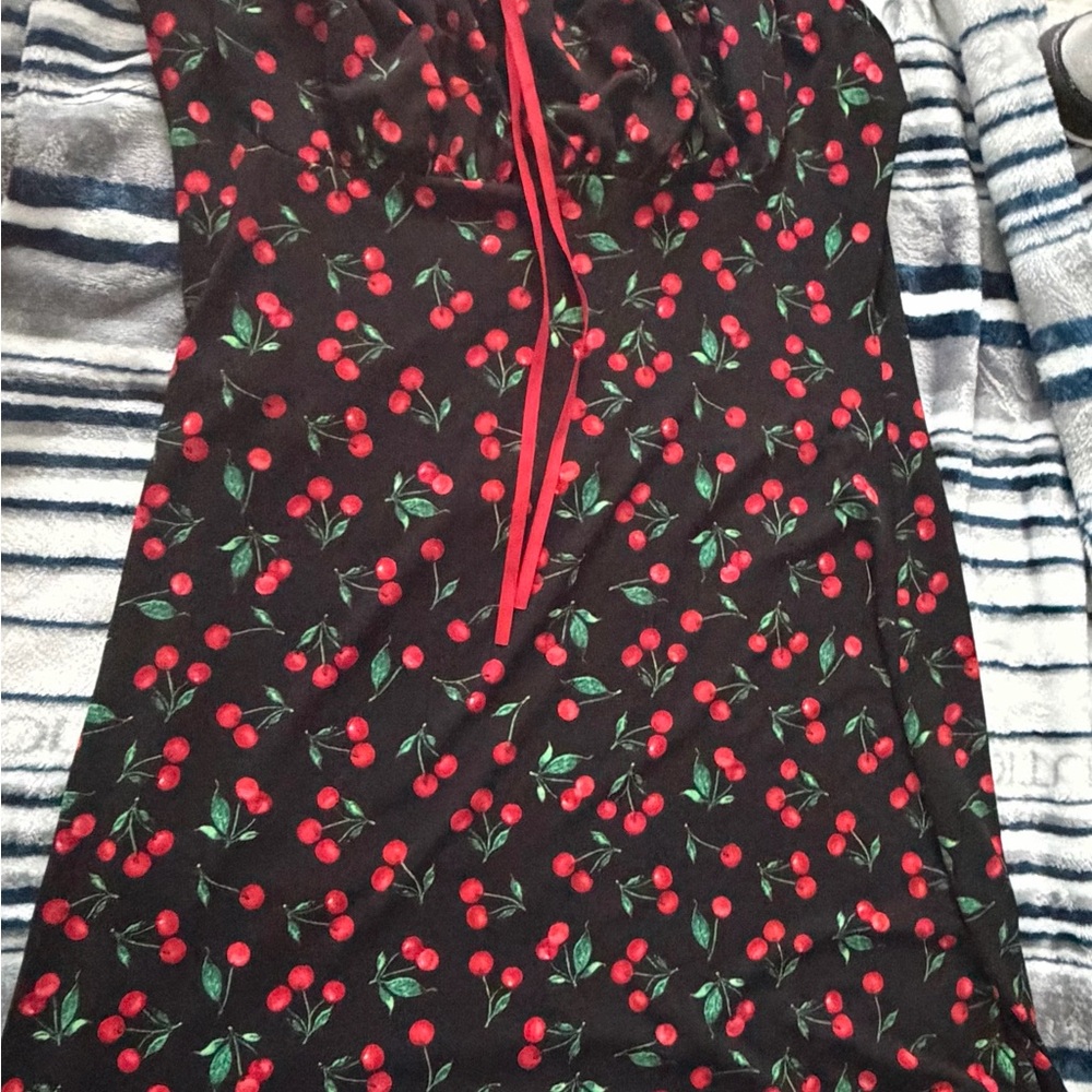 Black Cherry Print Mini Dress with Red Tie